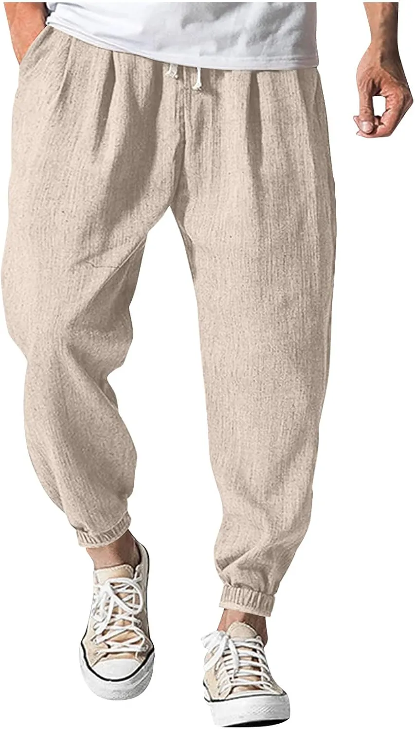 Baggy Linen Pants Men Lightweight Drawstring Casual Harem Pants Comfy Plus Size Cinch Bottom Lounge Pants with Pocket
