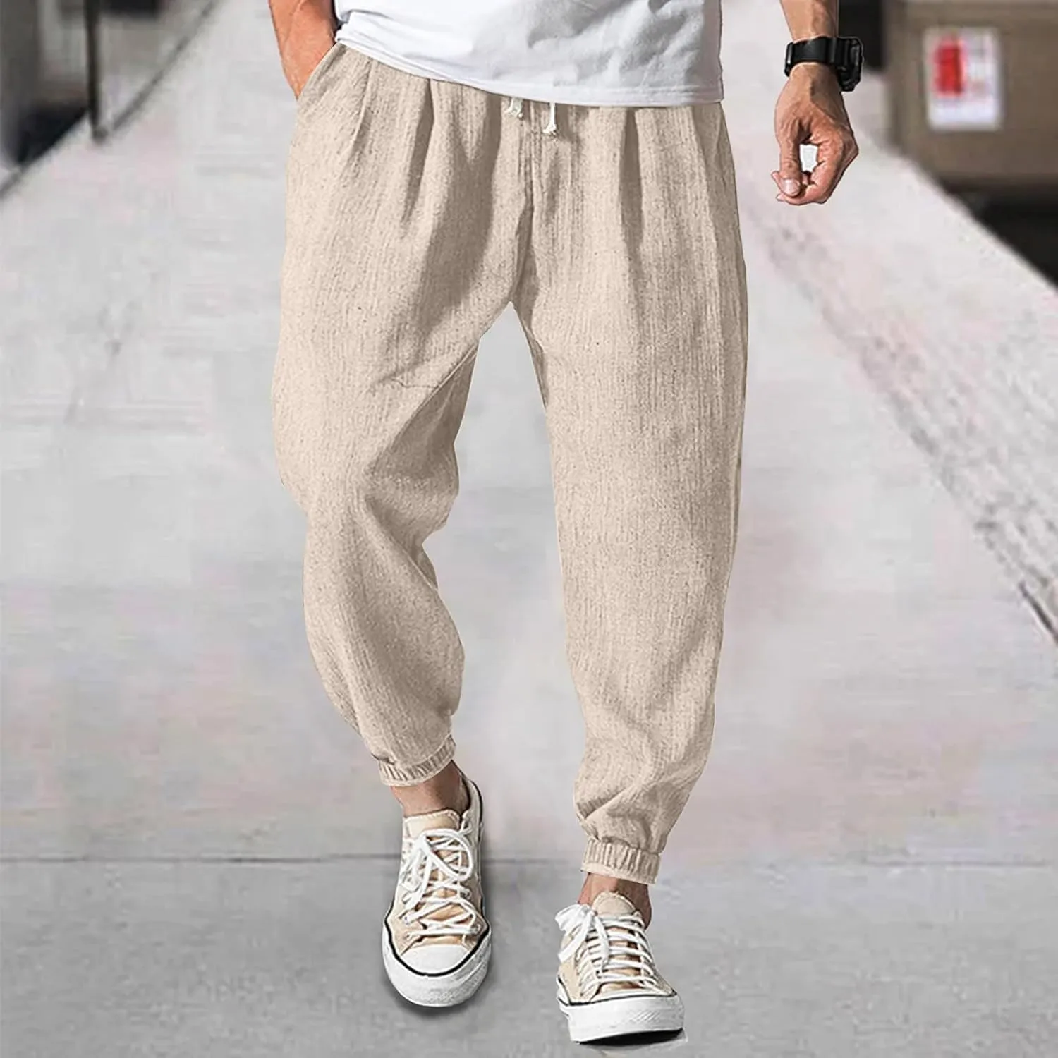 Baggy Linen Pants Men Lightweight Drawstring Casual Harem Pants Comfy Plus Size Cinch Bottom Lounge Pants with Pocket