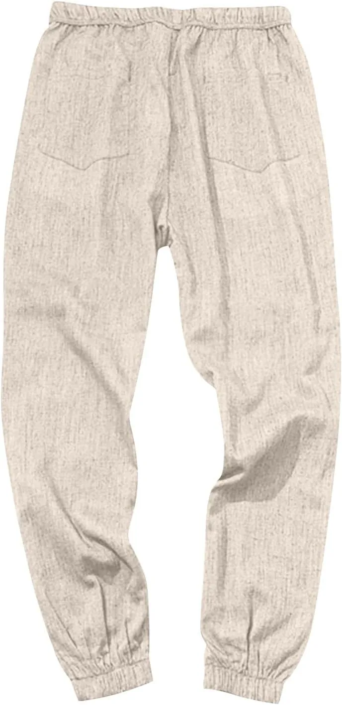 Baggy Linen Pants Men Lightweight Drawstring Casual Harem Pants Comfy Plus Size Cinch Bottom Lounge Pants with Pocket
