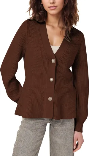 BAIGRAM Women Button Up V Neck Peplum Cardigan Sweaters Puff Sleeve Ribbed Knit Cardigans Business Casual Work Outfits