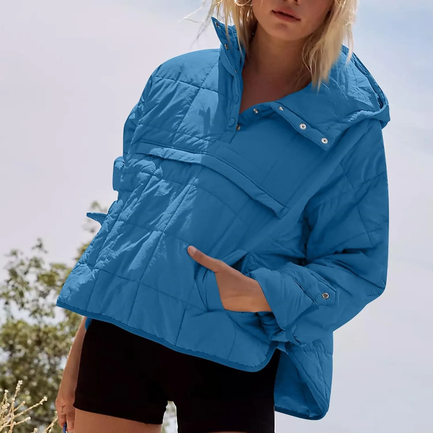 Basysin Pullover Puffer Bomber Jacket Quilted Jackets for Women Lightweight Long Sleeve Button Down Warm Coat with Pockets