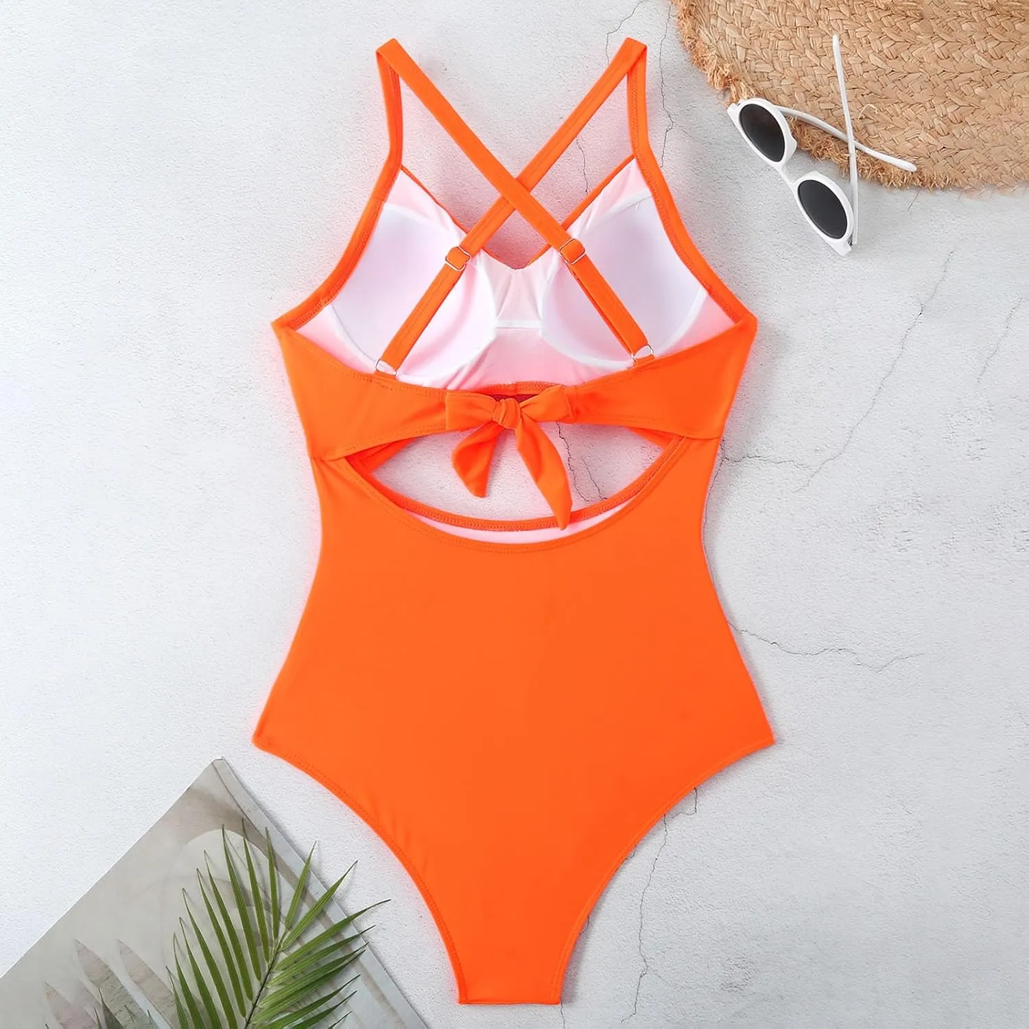Bathing Suit for Women One Piece Tummy Control Keyhole Swimwear Sexy V Neck Bathing Suit Crisscross Back Self Tie