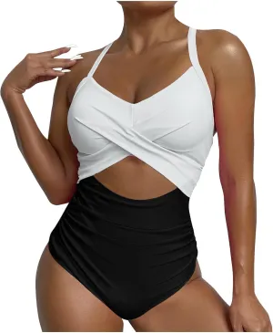 Bathing Suit for Women One Piece Tummy Control Keyhole Swimwear Sexy V Neck Bathing Suit Crisscross Back Self Tie
