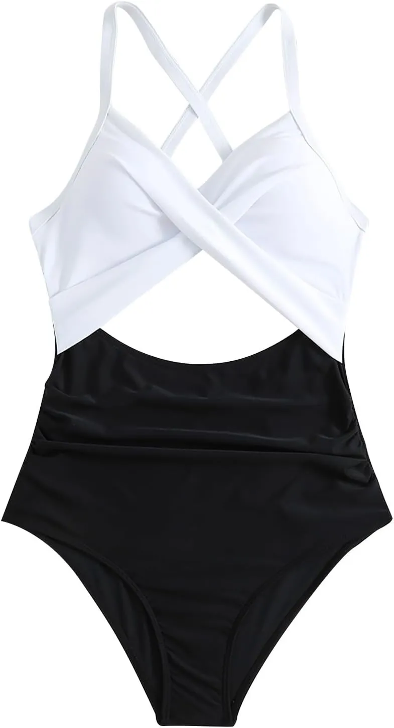 Bathing Suit for Women One Piece Tummy Control Keyhole Swimwear Sexy V Neck Bathing Suit Crisscross Back Self Tie