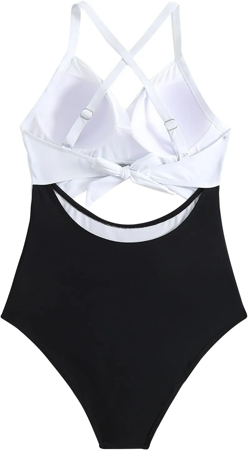 Bathing Suit for Women One Piece Tummy Control Keyhole Swimwear Sexy V Neck Bathing Suit Crisscross Back Self Tie