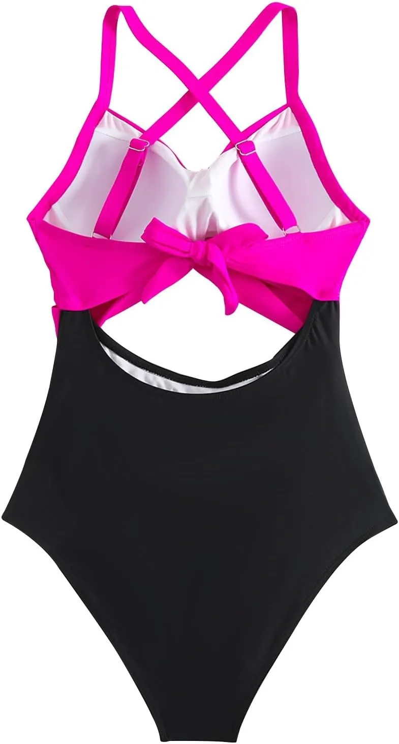Bathing Suit for Women One Piece Tummy Control Keyhole Swimwear Sexy V Neck Bathing Suit Crisscross Back Self Tie