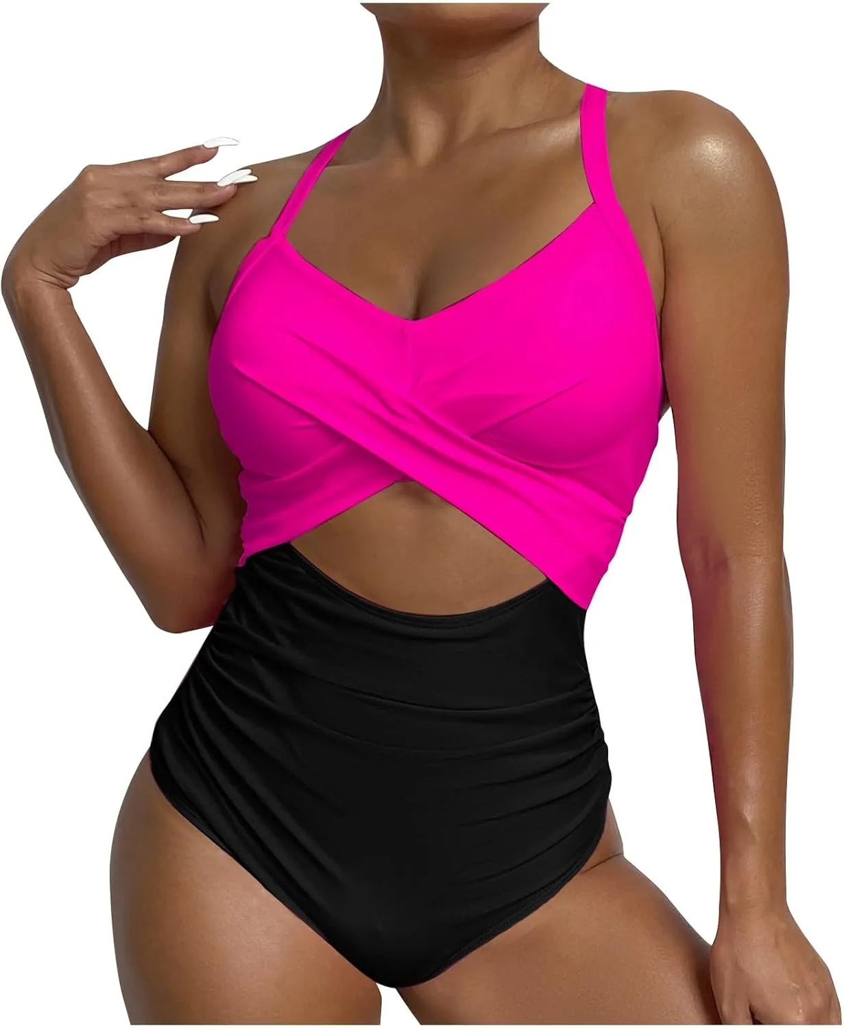 Bathing Suit for Women One Piece Tummy Control Keyhole Swimwear Sexy V Neck Bathing Suit Crisscross Back Self Tie