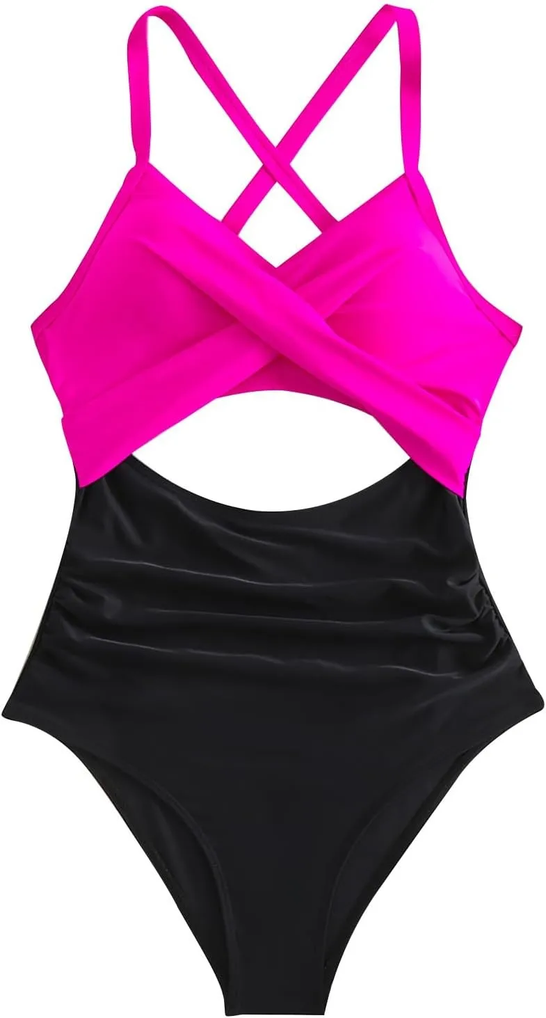 Bathing Suit for Women One Piece Tummy Control Keyhole Swimwear Sexy V Neck Bathing Suit Crisscross Back Self Tie