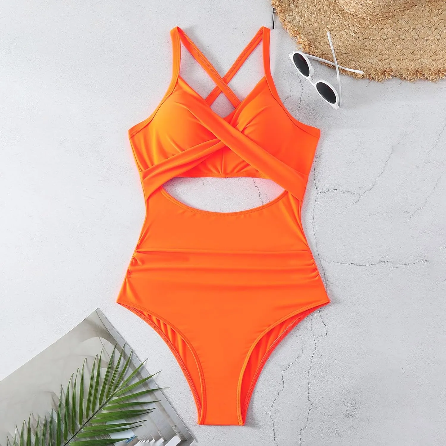Bathing Suit for Women One Piece Tummy Control Keyhole Swimwear Sexy V Neck Bathing Suit Crisscross Back Self Tie