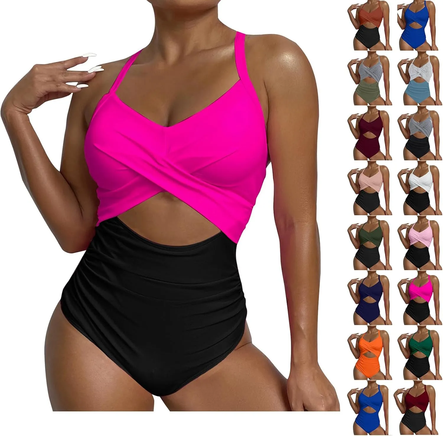 Bathing Suit for Women One Piece Tummy Control Keyhole Swimwear Sexy V Neck Bathing Suit Crisscross Back Self Tie