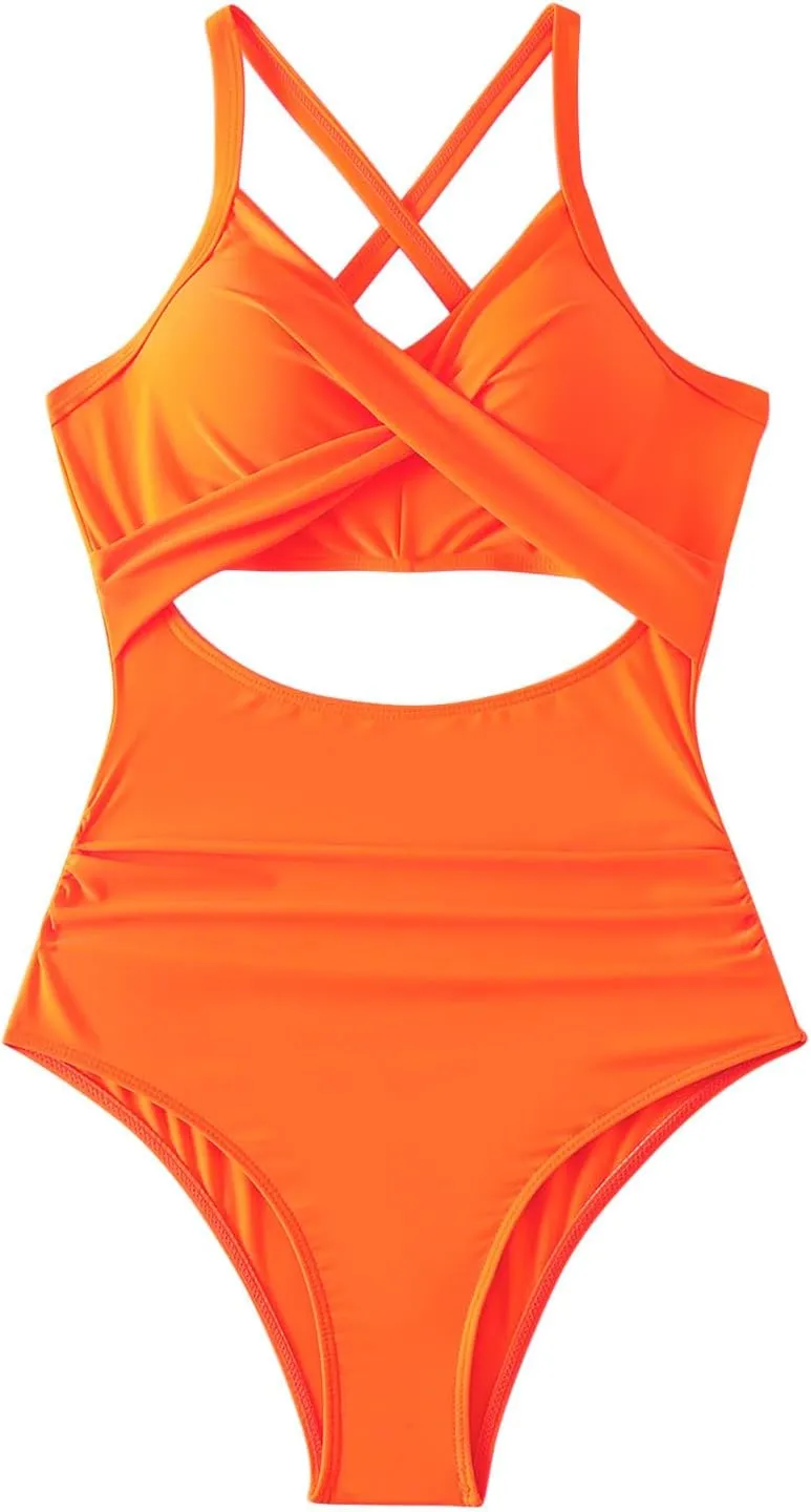 Bathing Suit for Women One Piece Tummy Control Keyhole Swimwear Sexy V Neck Bathing Suit Crisscross Back Self Tie