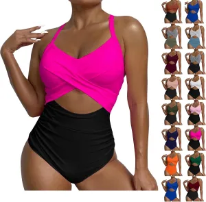 Bathing Suit for Women One Piece Tummy Control Keyhole Swimwear Sexy V Neck Bathing Suit Crisscross Back Self Tie