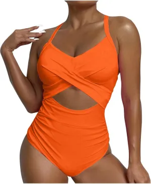Bathing Suit for Women One Piece Tummy Control Keyhole Swimwear Sexy V Neck Bathing Suit Crisscross Back Self Tie
