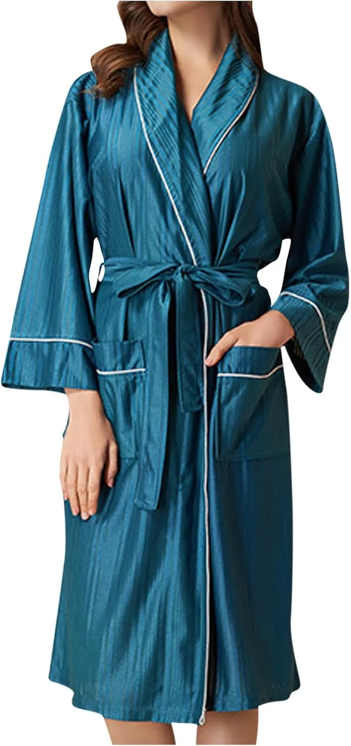 Bathrobe for Women Long Sleeve Pajamas Robe with Belt Pockets Sleepwear Nightgown Solid Loungewear Casual Nightwear
