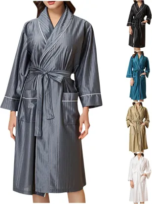 Bathrobe for Women Long Sleeve Pajamas Robe with Belt Pockets Sleepwear Nightgown Solid Loungewear Casual Nightwear