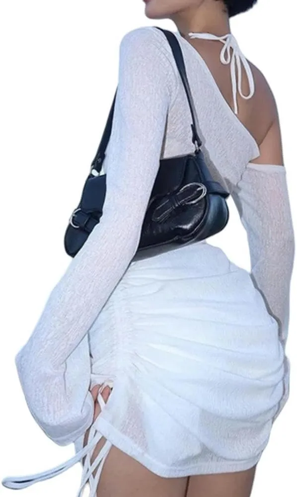 Beach Topswomen'S Beach Cover Up White Dress Long Sleeve Drawstring Pleated Sheer Mini Skirt Swimwear Cover Up