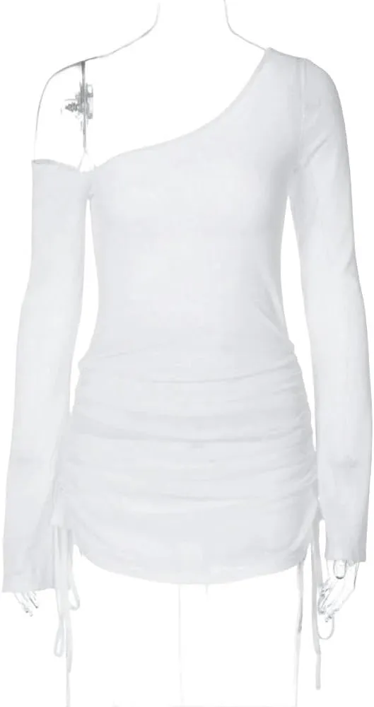 Beach Topswomen'S Beach Cover Up White Dress Long Sleeve Drawstring Pleated Sheer Mini Skirt Swimwear Cover Up