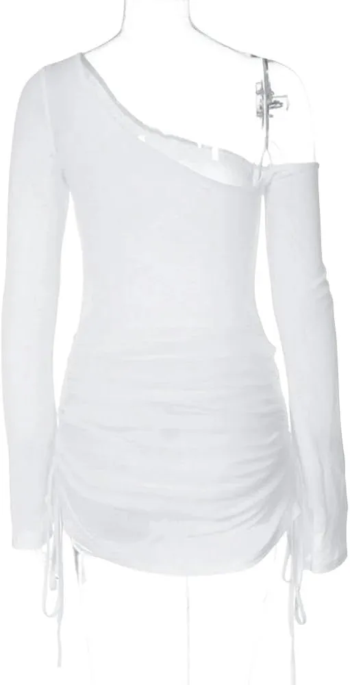 Beach Topswomen'S Beach Cover Up White Dress Long Sleeve Drawstring Pleated Sheer Mini Skirt Swimwear Cover Up