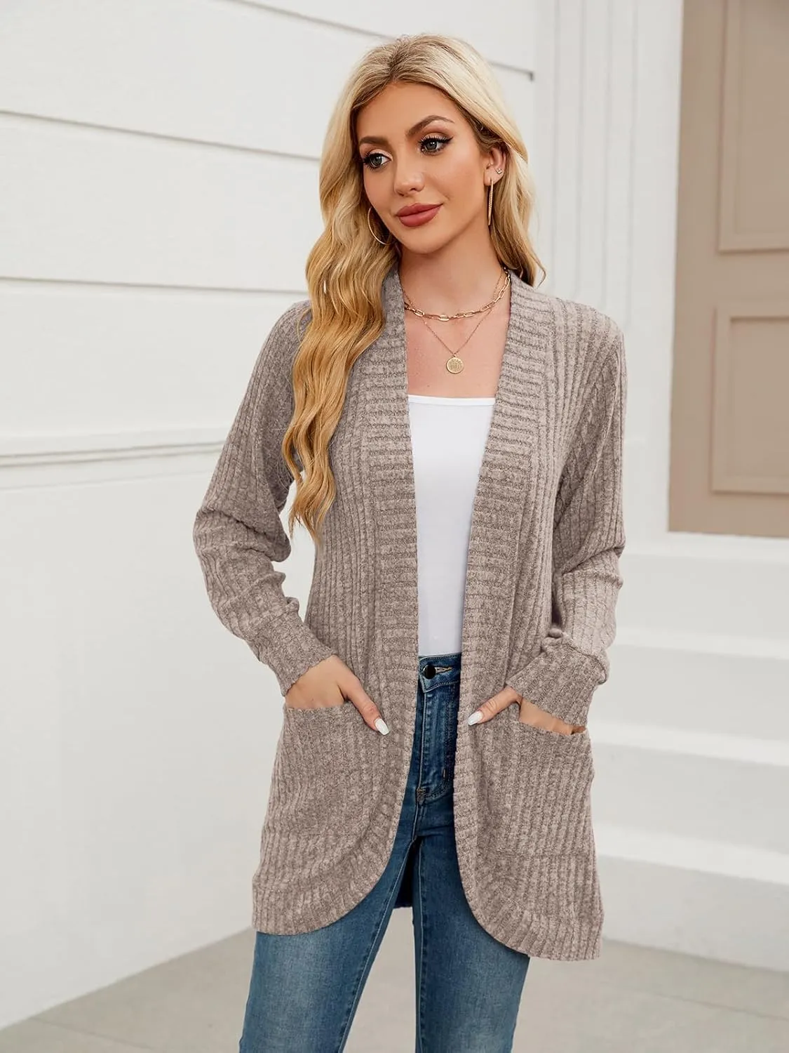 BELAROI Womens Open Front Cardigan Sweaters Casual Lightweight Outwear Long Sleeve Plus Size Tops Sweater with Pockets