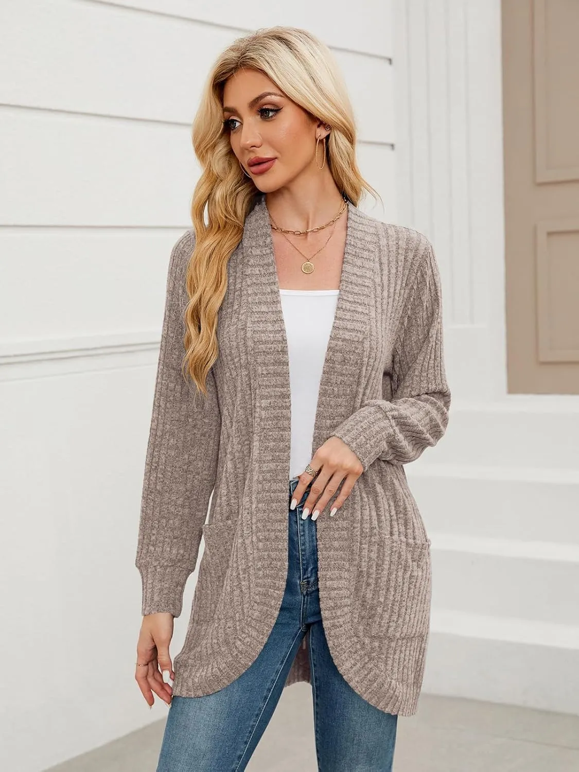 BELAROI Womens Open Front Cardigan Sweaters Casual Lightweight Outwear Long Sleeve Plus Size Tops Sweater with Pockets