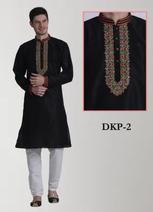 Black Dupion Silk Mens Kurta Pajama Set