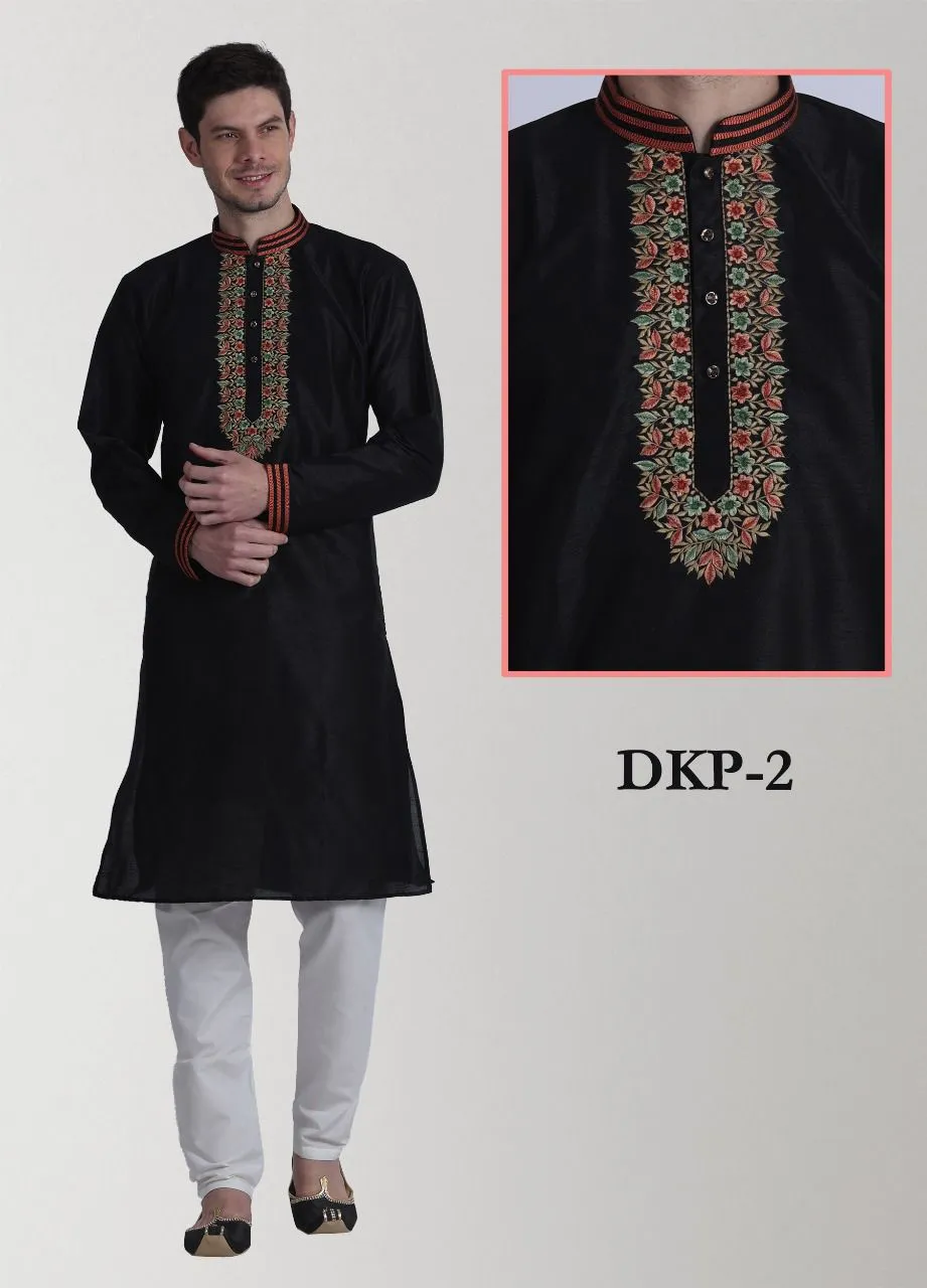 Black Dupion Silk Mens Kurta Pajama Set