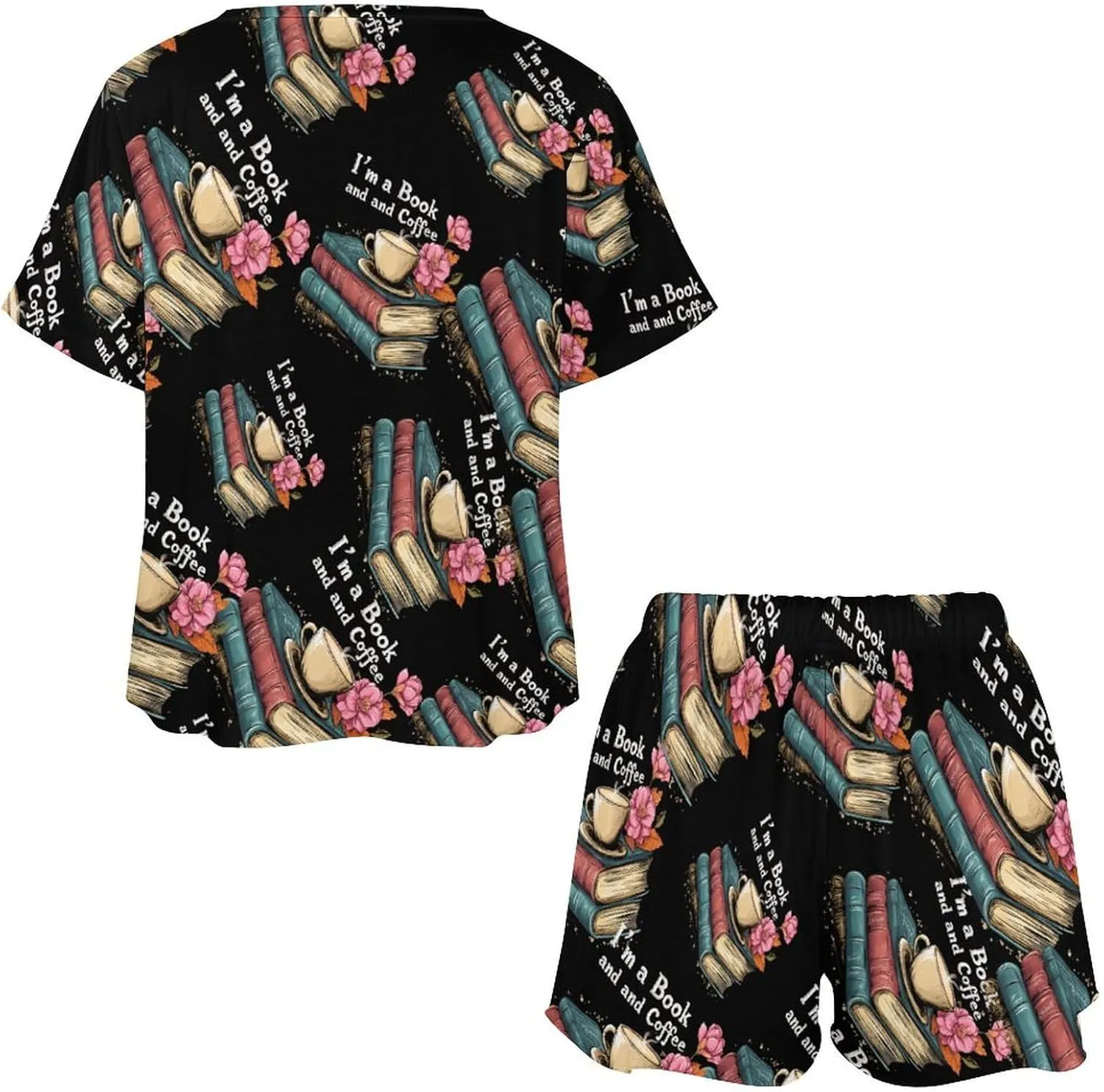 Book Coffee Print Pajamas for Women Set Short Sleeve Top And Shorts Lounge Sleepwear Loungewear 2Pcs Pj Sets