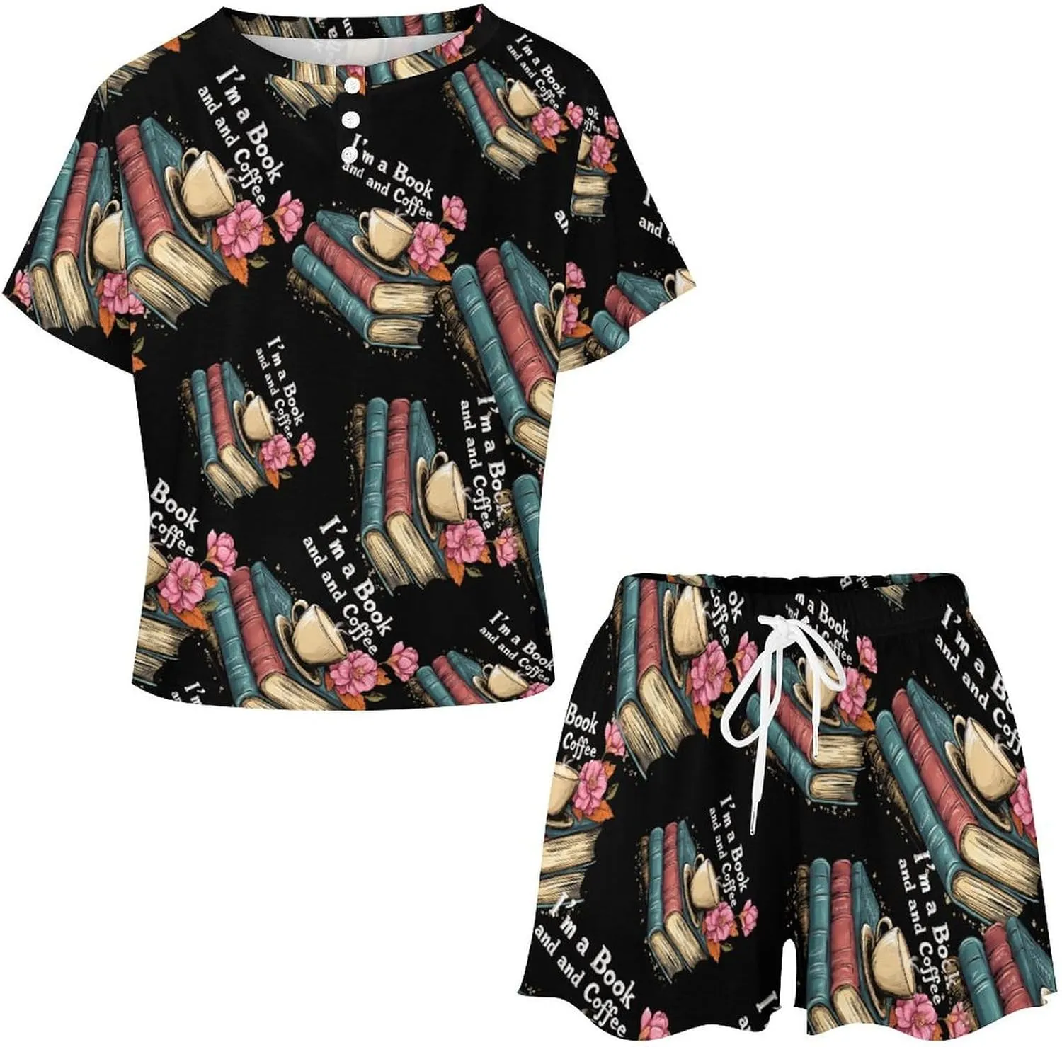 Book Coffee Print Pajamas for Women Set Short Sleeve Top And Shorts Lounge Sleepwear Loungewear 2Pcs Pj Sets
