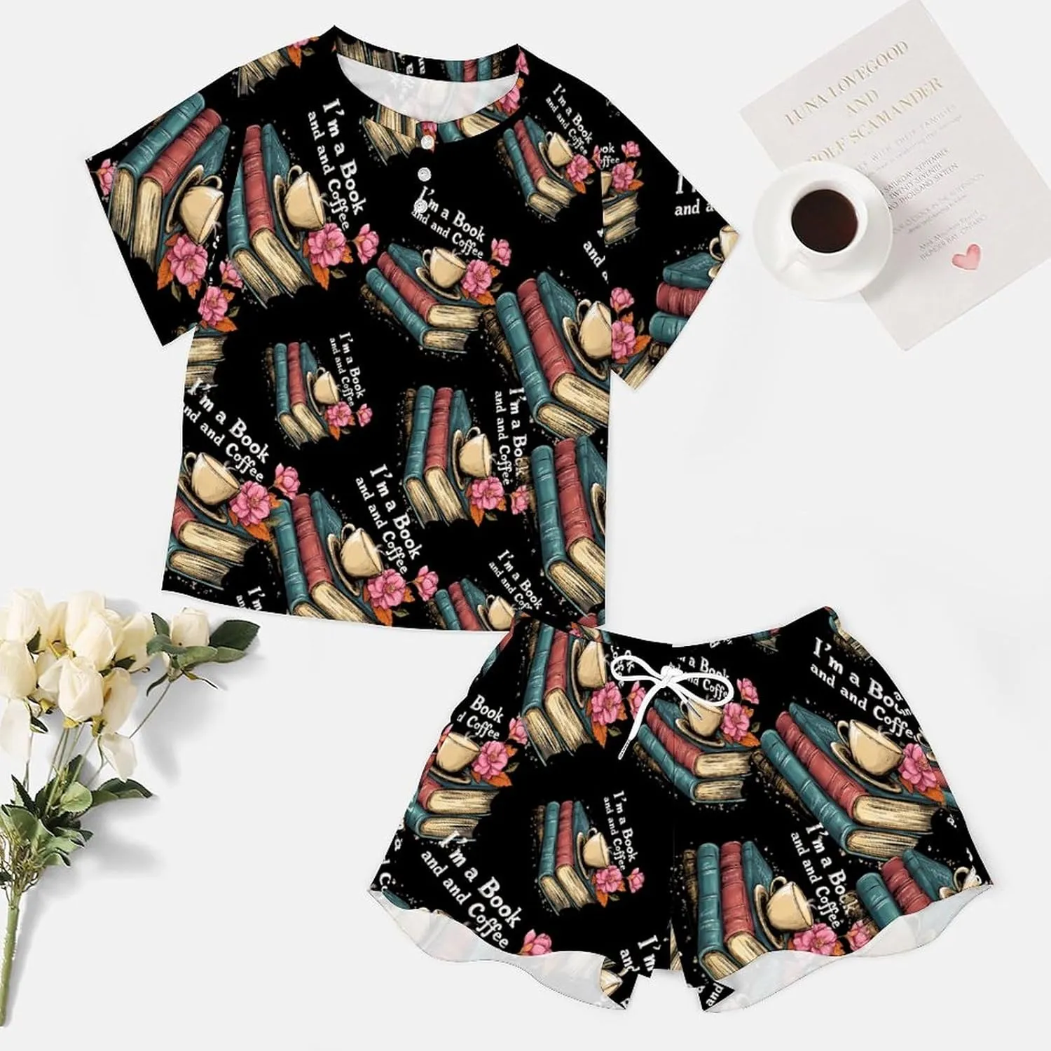 Book Coffee Print Pajamas for Women Set Short Sleeve Top And Shorts Lounge Sleepwear Loungewear 2Pcs Pj Sets