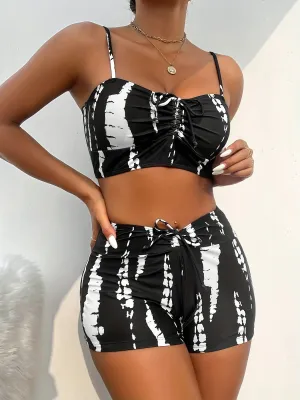 Bow Tie Front Two Piece Swimsuit Spaghetti Straps High Waisted Bikini With Swim Shorts For Women