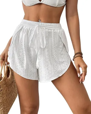 Bsubseach Swim Cover Up Shorts for Women Hollow Out Split Beach Shorts Drawstring Bikini Cover Up Bottom