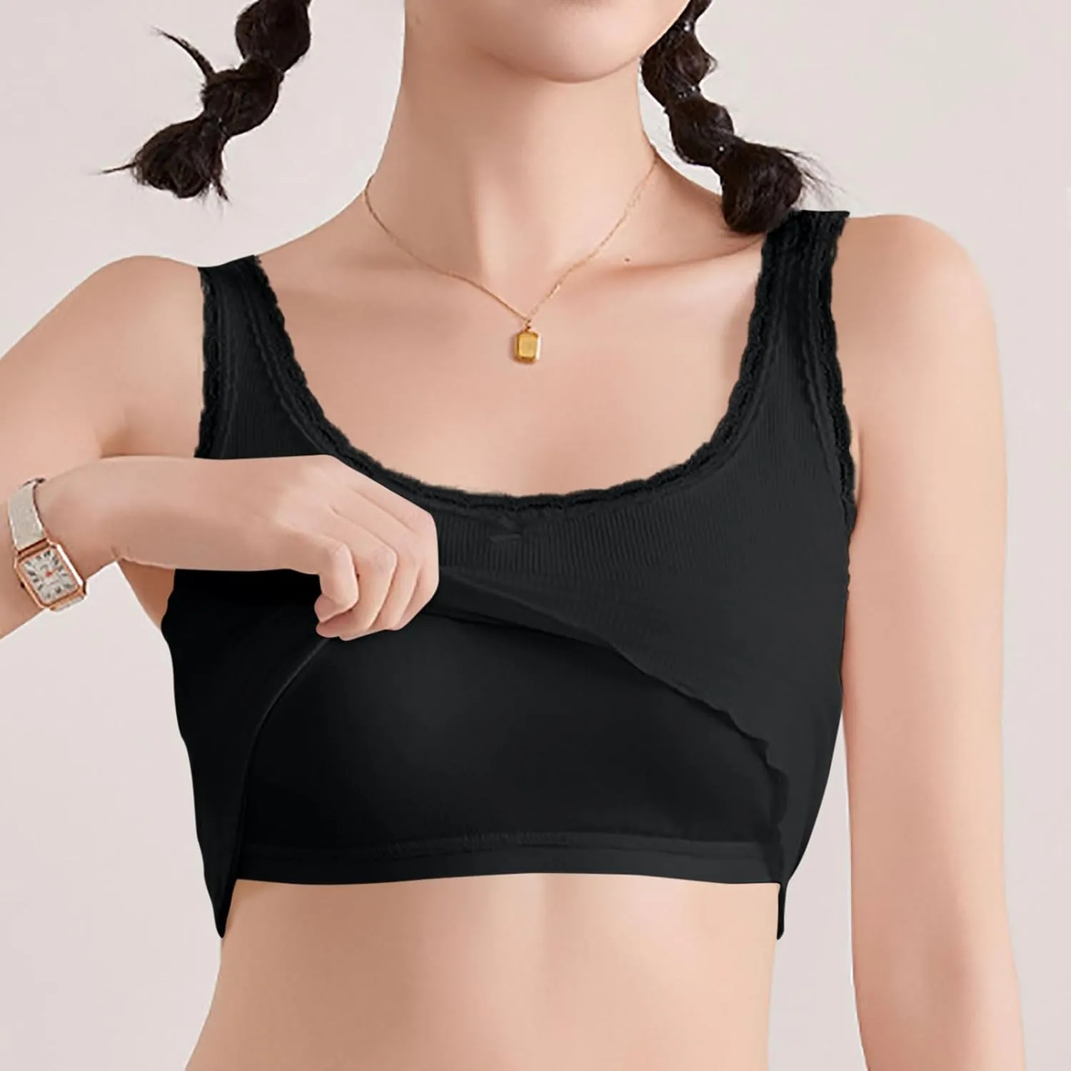 Built-in Bra Cami Tank Tops for Women Lace Trim Sexy Crop Camisole Comfy Cotton Summer Pajamas Padded Sleepwear Yoga Shirts