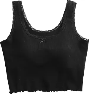 Built-in Bra Cami Tank Tops for Women Lace Trim Sexy Crop Camisole Comfy Cotton Summer Pajamas Padded Sleepwear Yoga Shirts