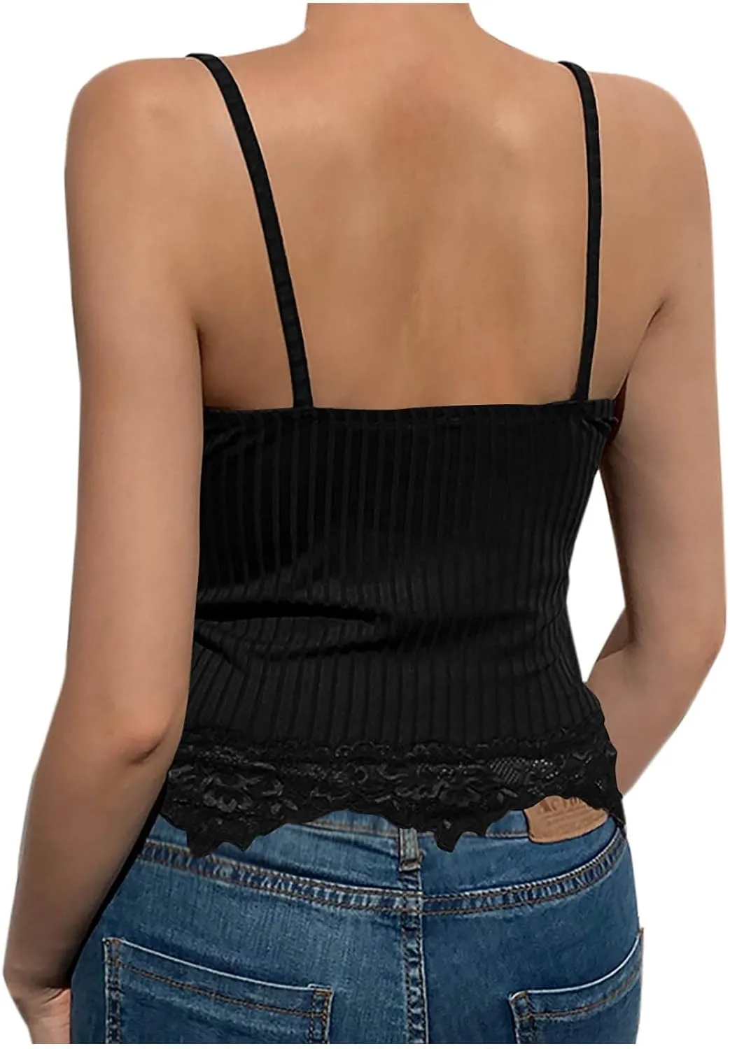 Built In Bra Tank Tops for Women Camisole Crop Top Lace V-Neck Sleeveless Stretch Slim T-Shirt Bralettes Underwear