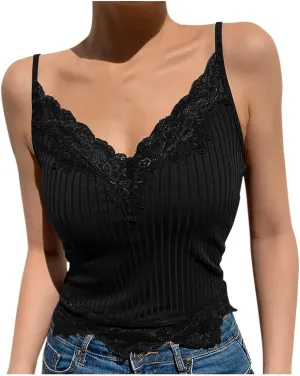 Built In Bra Tank Tops for Women Camisole Crop Top Lace V-Neck Sleeveless Stretch Slim T-Shirt Bralettes Underwear