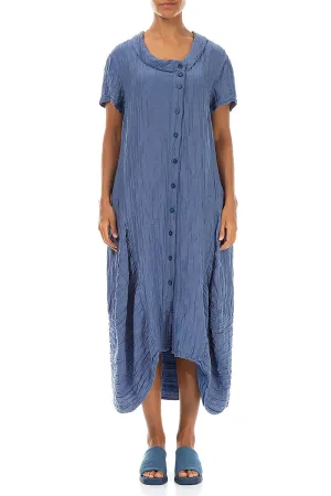 Buttoned Balloon Crinkled Blue Nova Silk Dress