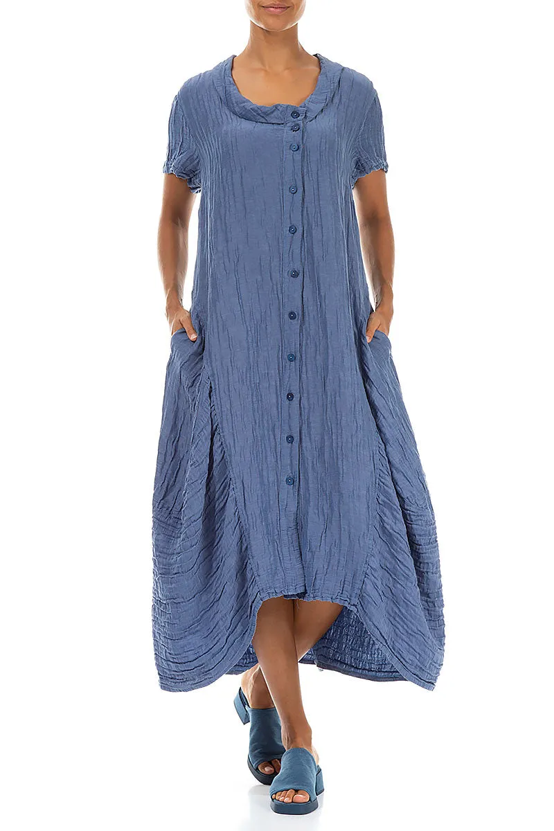 Buttoned Balloon Crinkled Blue Nova Silk Dress
