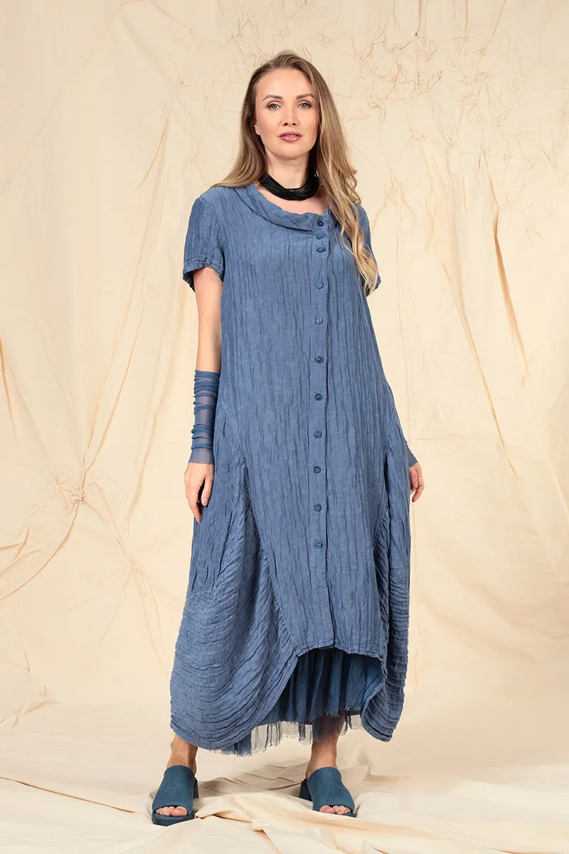 Buttoned Balloon Crinkled Blue Nova Silk Dress