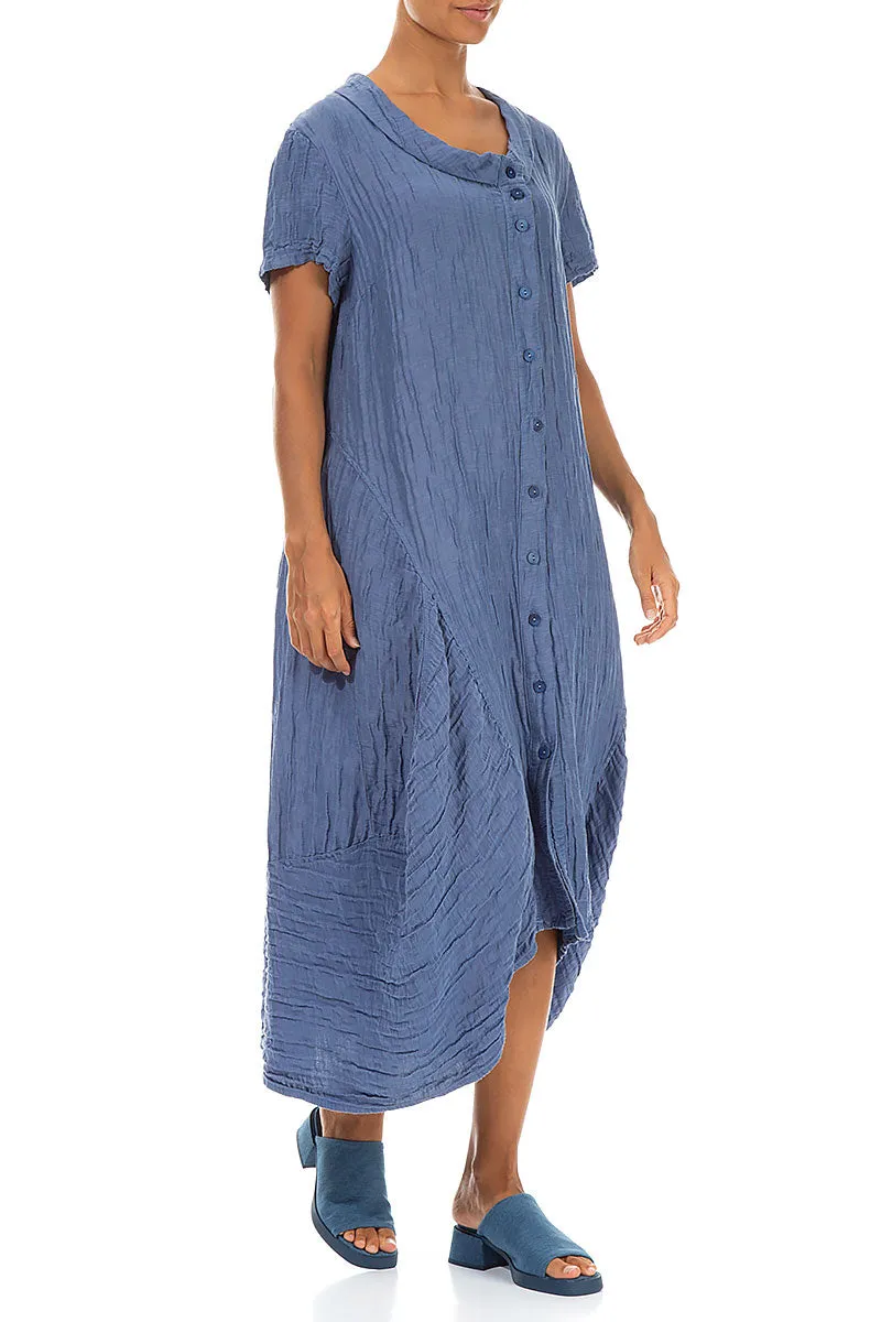Buttoned Balloon Crinkled Blue Nova Silk Dress