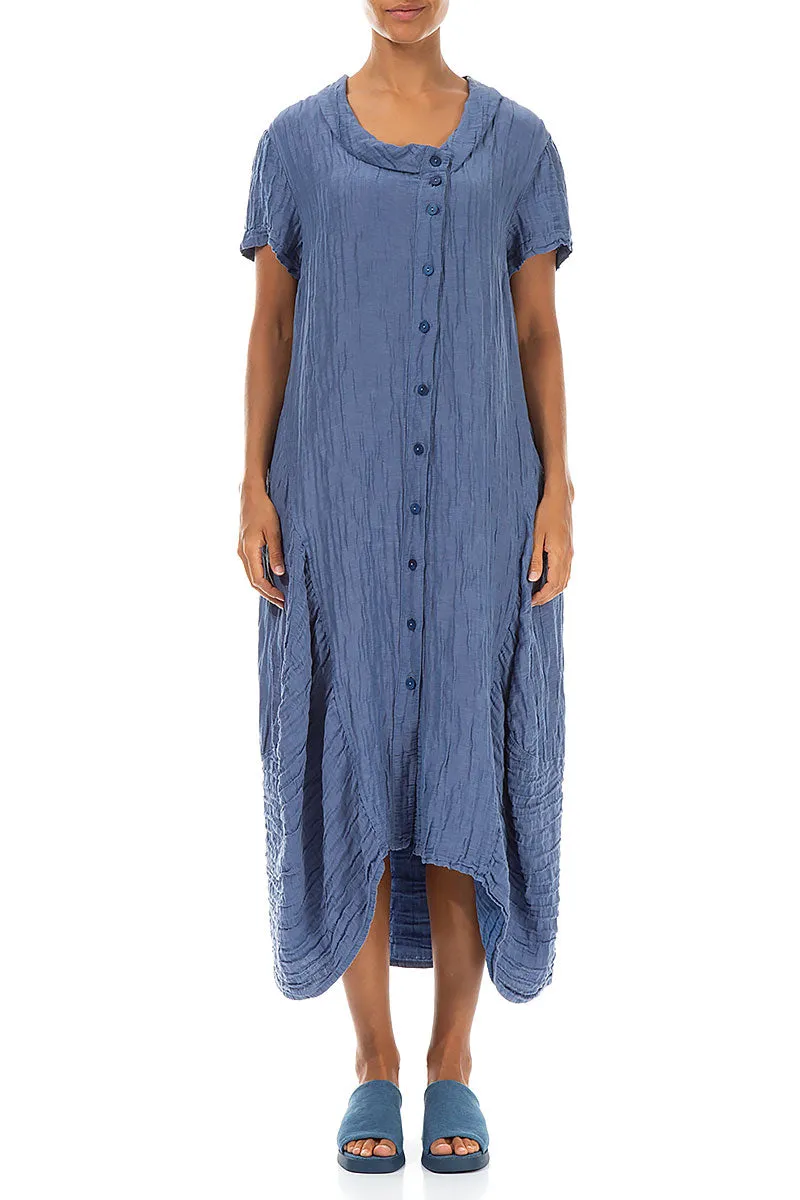 Buttoned Balloon Crinkled Blue Nova Silk Dress