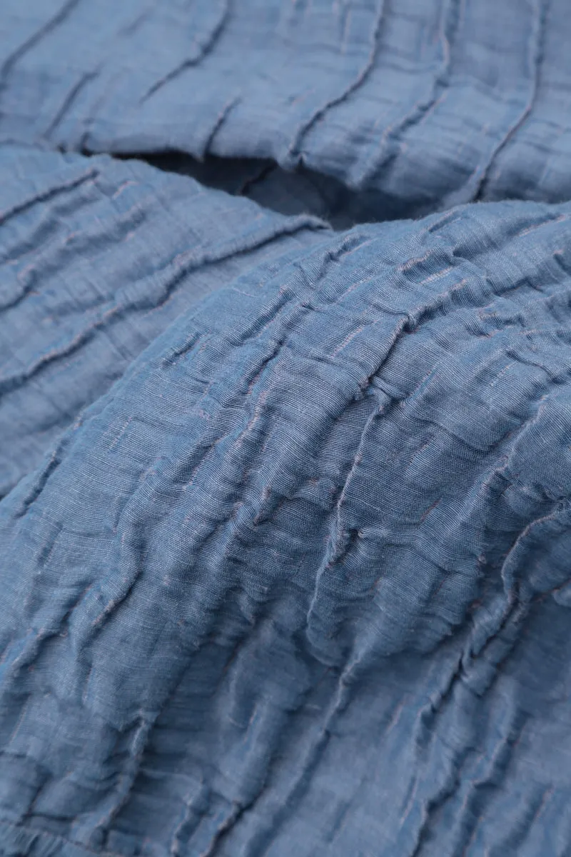Buttoned Balloon Crinkled Blue Nova Silk Dress