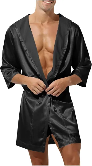 Cambkatl Men's Summer Satin Robe Short Silky Kimono Bathrobe with Hood, Lightweight Soft Loungewear Nightwear