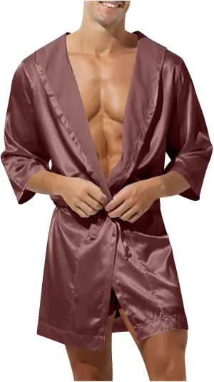 Cambkatl Men's Summer Satin Robe Short Silky Kimono Bathrobe with Hood, Lightweight Soft Loungewear Nightwear