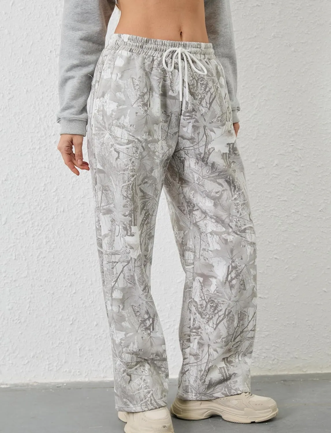 Camo Pants for Women Wide Leg High Waist Drawstring Camo Sweatpants Fleece Baggy Causal Jogger Workout Pants