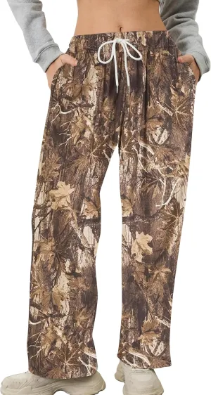 Camo Pants for Women Wide Leg High Waist Drawstring Camo Sweatpants Fleece Baggy Causal Jogger Workout Pants