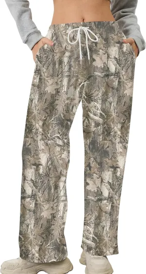 Camo Pants for Women Wide Leg High Waist Drawstring Camo Sweatpants Fleece Baggy Causal Jogger Workout Pants