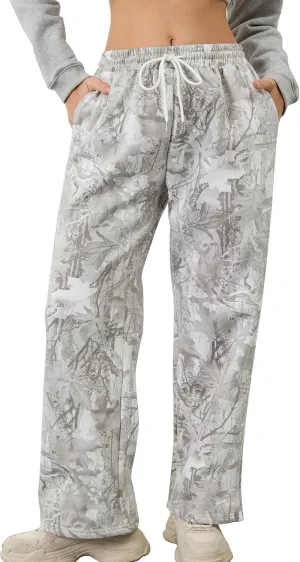Camo Pants for Women Wide Leg High Waist Drawstring Camo Sweatpants Fleece Baggy Causal Jogger Workout Pants