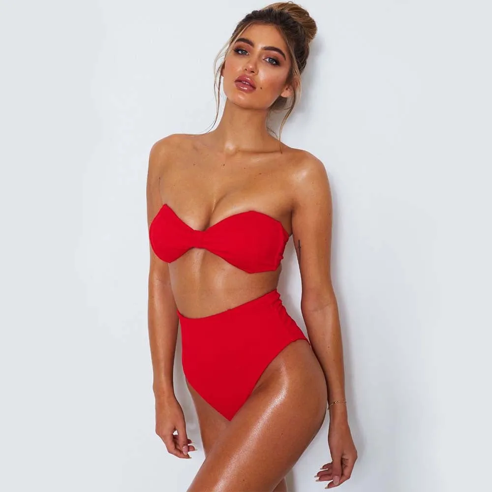 Candy Color Strapless High Waist Two Pieces Swimwear