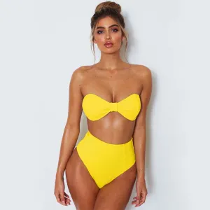 Candy Color Strapless High Waist Two Pieces Swimwear