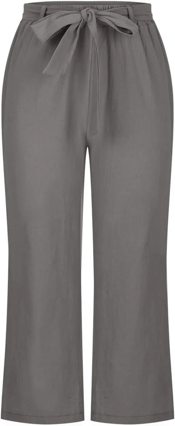 Capri Pants for Women 2025 Summer Elastic Waist Straight Pant Drawstring Wide Leg Cotton Linen Lightweight Trousers